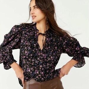 Free People "Meant To Be" Blouse Black Purple Floral Long Sleeve Shirt Medium